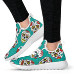 Teal Sugar Skull Pattern Print Mesh Knit Shoes GearFrost