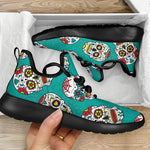 Teal Sugar Skull Pattern Print Mesh Knit Shoes GearFrost