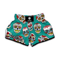 Teal Sugar Skull Pattern Print Muay Thai Boxing Shorts