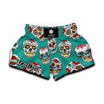 Teal Sugar Skull Pattern Print Muay Thai Boxing Shorts