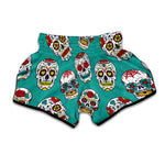 Teal Sugar Skull Pattern Print Muay Thai Boxing Shorts