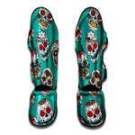 Teal Sugar Skull Pattern Print Muay Thai Shin Guard