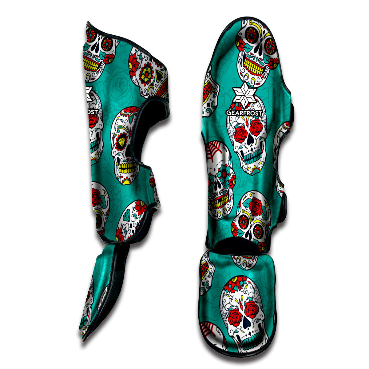 Teal Sugar Skull Pattern Print Muay Thai Shin Guard