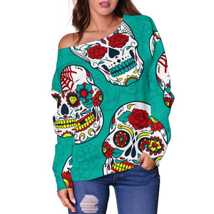 Teal Sugar Skull Pattern Print Off Shoulder Sweatshirt GearFrost