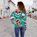 Teal Sugar Skull Pattern Print Off Shoulder Sweatshirt GearFrost