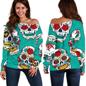 Teal Sugar Skull Pattern Print Off Shoulder Sweatshirt GearFrost