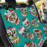 Teal Sugar Skull Pattern Print Pet Car Back Seat Cover