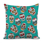 Teal Sugar Skull Pattern Print Pillow Cover