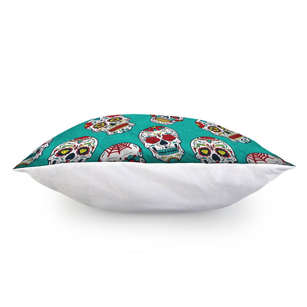 Teal Sugar Skull Pattern Print Pillow Cover