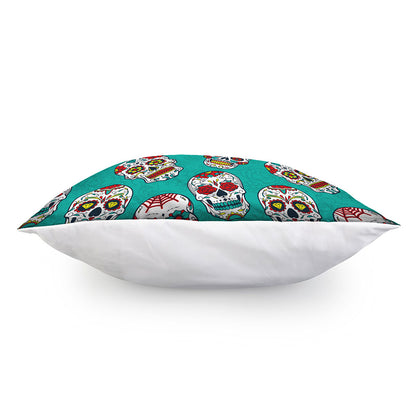 Teal Sugar Skull Pattern Print Pillow Cover