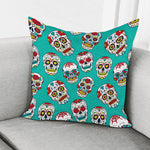 Teal Sugar Skull Pattern Print Pillow Cover