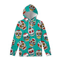 Teal Sugar Skull Pattern Print Pullover Hoodie