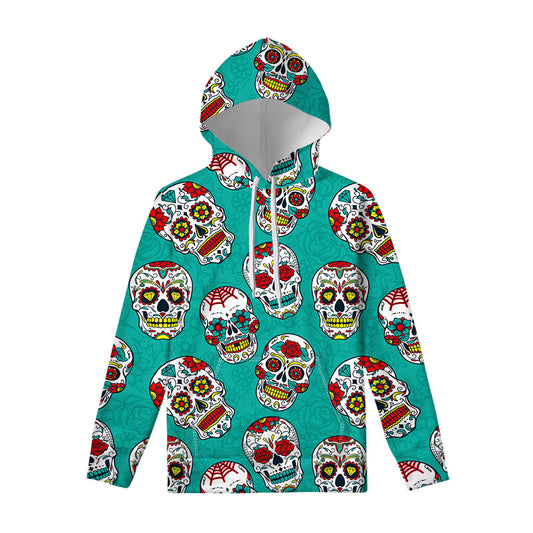 Teal Sugar Skull Pattern Print Pullover Hoodie