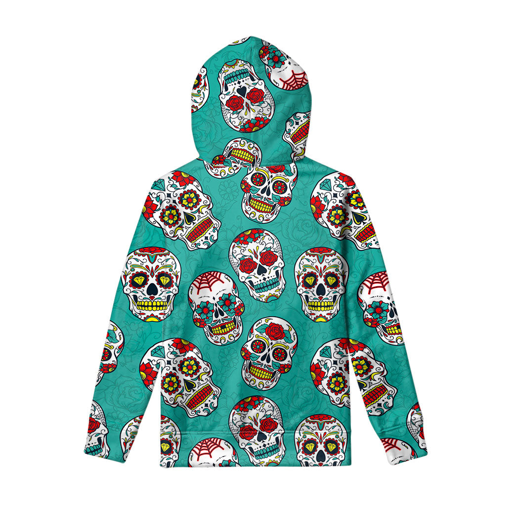 Teal Sugar Skull Pattern Print Pullover Hoodie