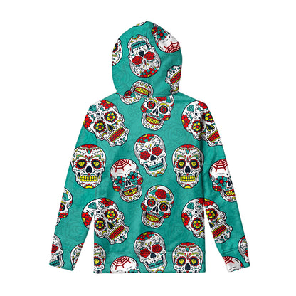Teal Sugar Skull Pattern Print Pullover Hoodie