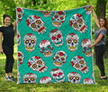 Teal Sugar Skull Pattern Print Quilt