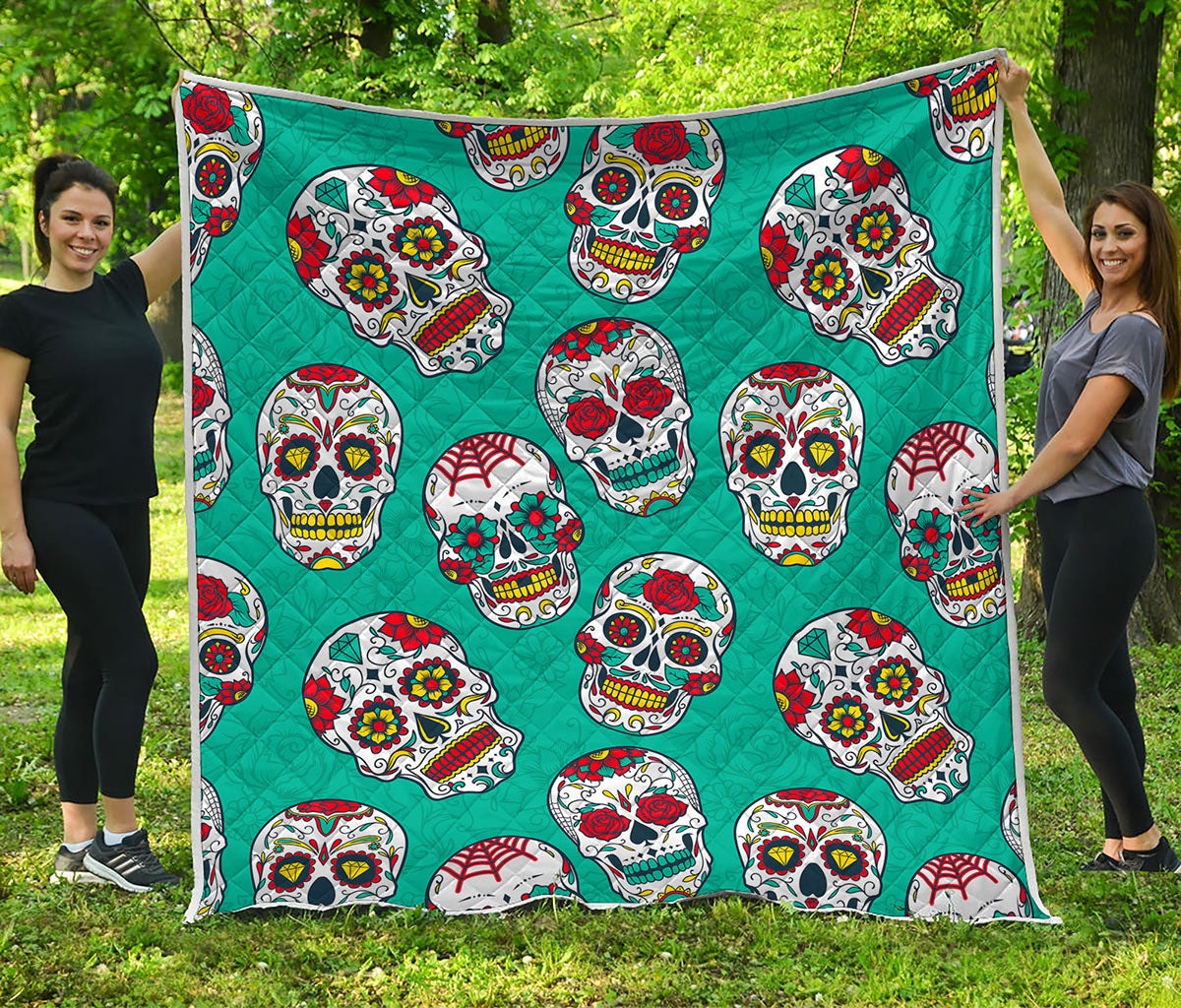 Teal Sugar Skull Pattern Print Quilt