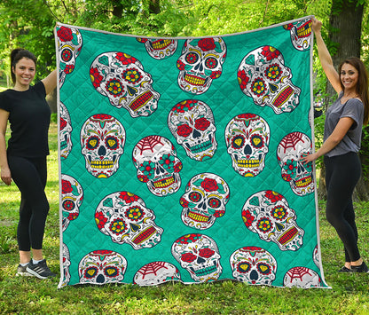Teal Sugar Skull Pattern Print Quilt