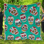 Teal Sugar Skull Pattern Print Quilt