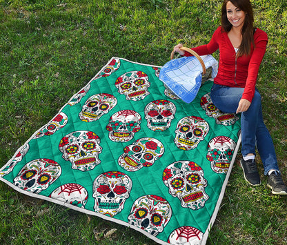 Teal Sugar Skull Pattern Print Quilt