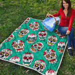 Teal Sugar Skull Pattern Print Quilt