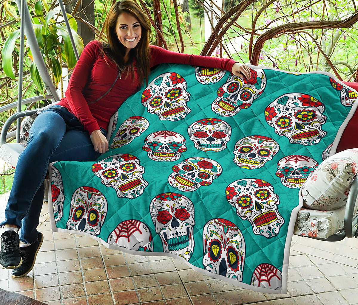 Teal Sugar Skull Pattern Print Quilt