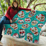 Teal Sugar Skull Pattern Print Quilt