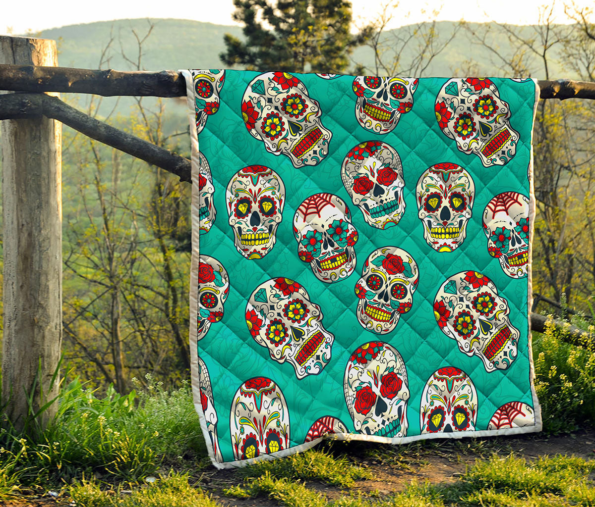 Teal Sugar Skull Pattern Print Quilt