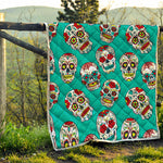 Teal Sugar Skull Pattern Print Quilt
