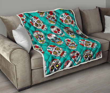 Teal Sugar Skull Pattern Print Quilt