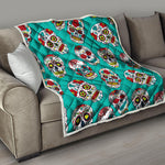 Teal Sugar Skull Pattern Print Quilt