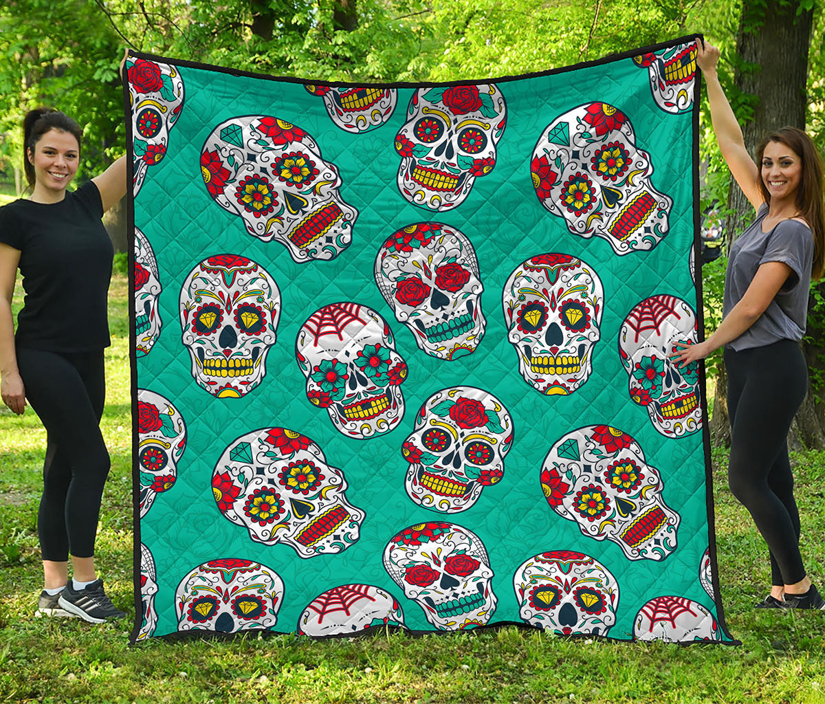 Teal Sugar Skull Pattern Print Quilt