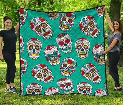 Teal Sugar Skull Pattern Print Quilt