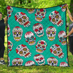 Teal Sugar Skull Pattern Print Quilt
