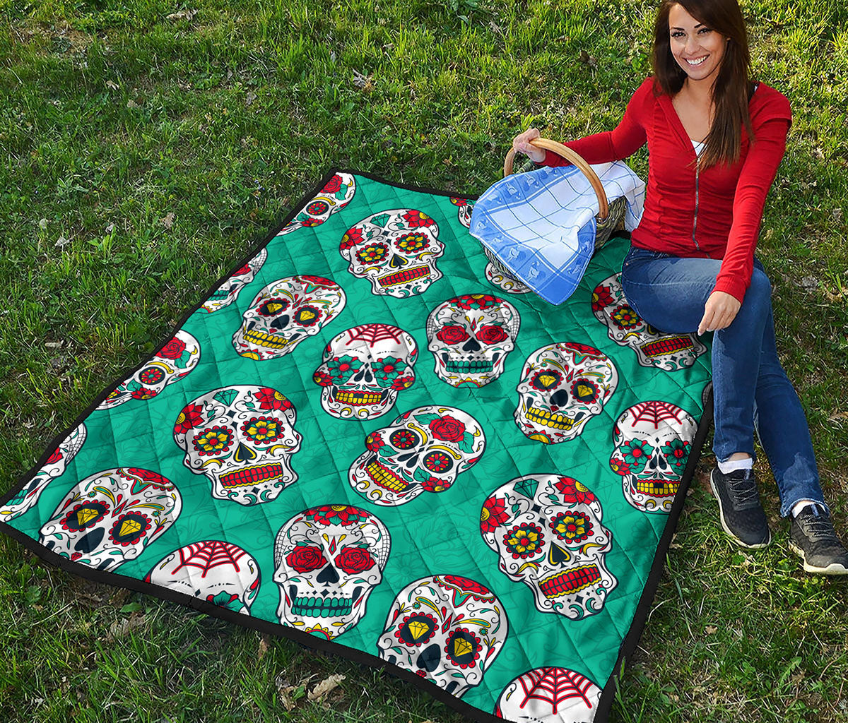 Teal Sugar Skull Pattern Print Quilt