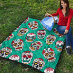 Teal Sugar Skull Pattern Print Quilt