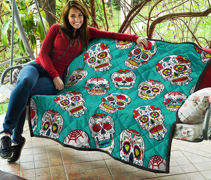 Teal Sugar Skull Pattern Print Quilt