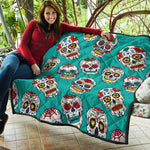 Teal Sugar Skull Pattern Print Quilt
