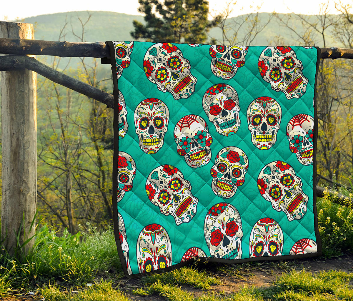 Teal Sugar Skull Pattern Print Quilt