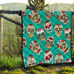 Teal Sugar Skull Pattern Print Quilt