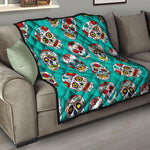 Teal Sugar Skull Pattern Print Quilt