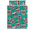 Teal Sugar Skull Pattern Print Quilt Bed Set