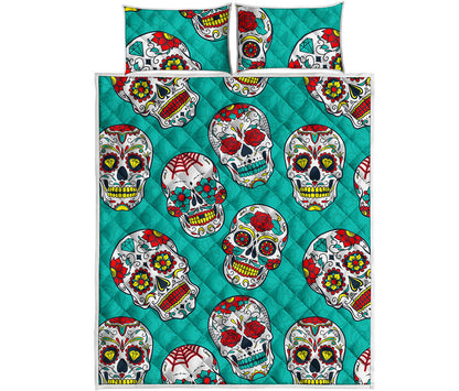 Teal Sugar Skull Pattern Print Quilt Bed Set