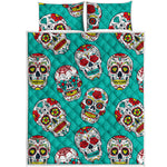 Teal Sugar Skull Pattern Print Quilt Bed Set