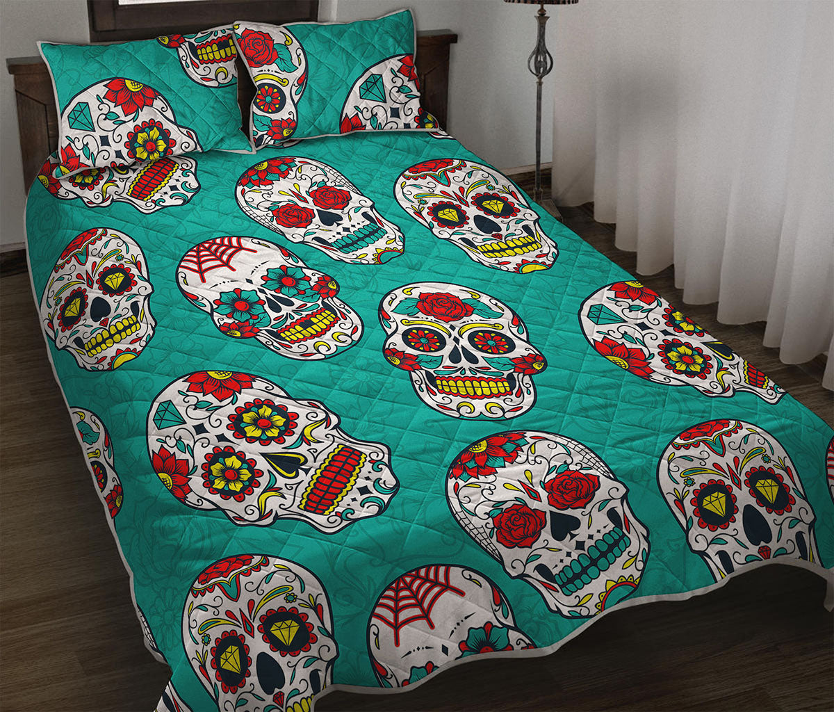 Teal Sugar Skull Pattern Print Quilt Bed Set
