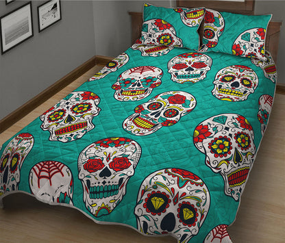 Teal Sugar Skull Pattern Print Quilt Bed Set
