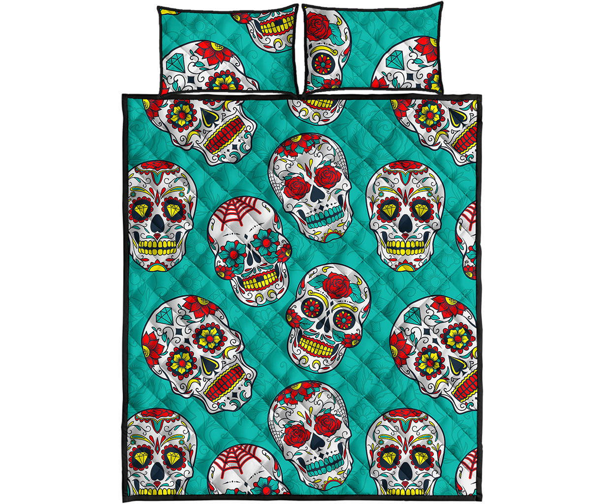 Teal Sugar Skull Pattern Print Quilt Bed Set