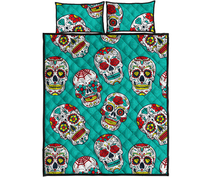 Teal Sugar Skull Pattern Print Quilt Bed Set