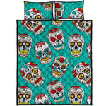 Teal Sugar Skull Pattern Print Quilt Bed Set