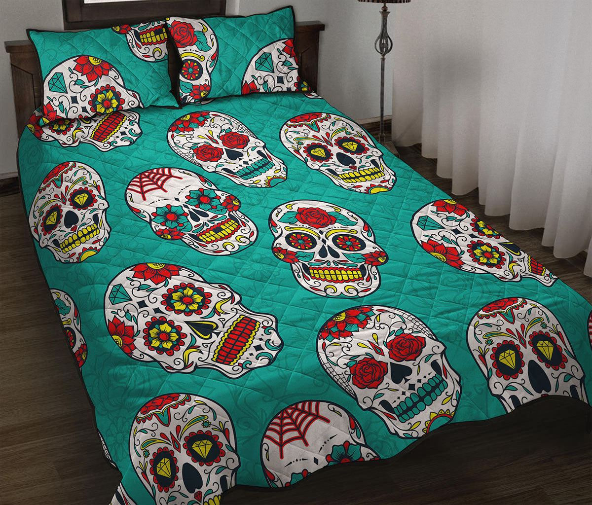 Teal Sugar Skull Pattern Print Quilt Bed Set